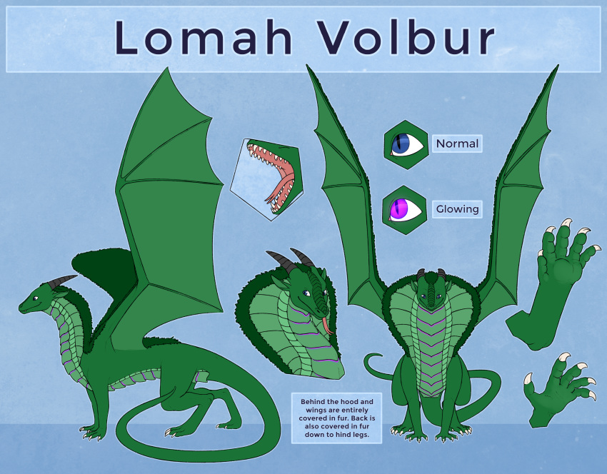 5_fingers 5_toes absurd_res blue_eyes cobra dragon feral fingers forked_tongue fur glowing glowing_eyes green_body green_fur green_scales gundypip hi_res hybrid lomah_volbur_(character) male reptile scales scalie snake solo teeth toes tongue wings