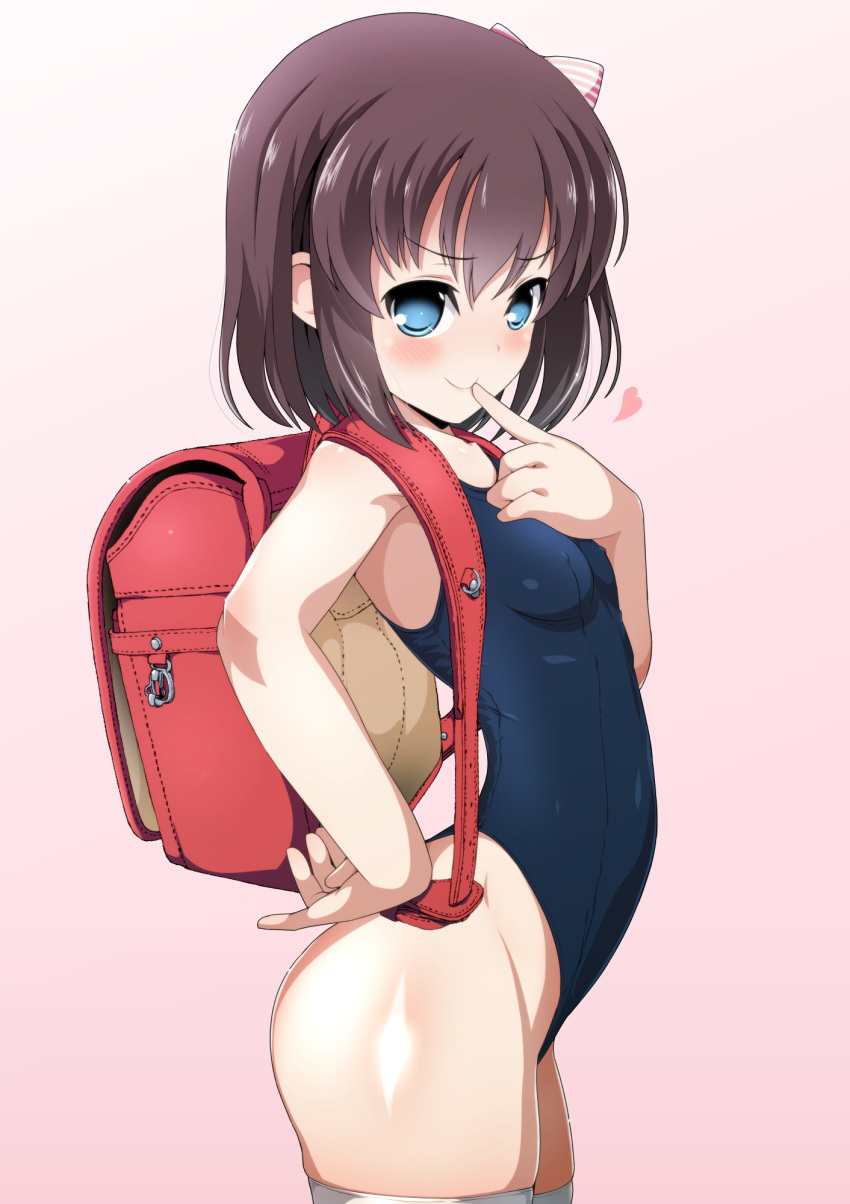 1girl backpack bag blue_eyes blush bow breasts brown_hair covered_nipples eyebrows_visible_through_hair finger_to_mouth hair_bow heart highleg highleg_swimsuit highres looking_at_viewer one-piece_swimsuit onjouji_toki randoseru saki school_swimsuit short_hair small_breasts smile solo swimsuit thighhighs toki_(manga) white_legwear xiao_rui_rui younger