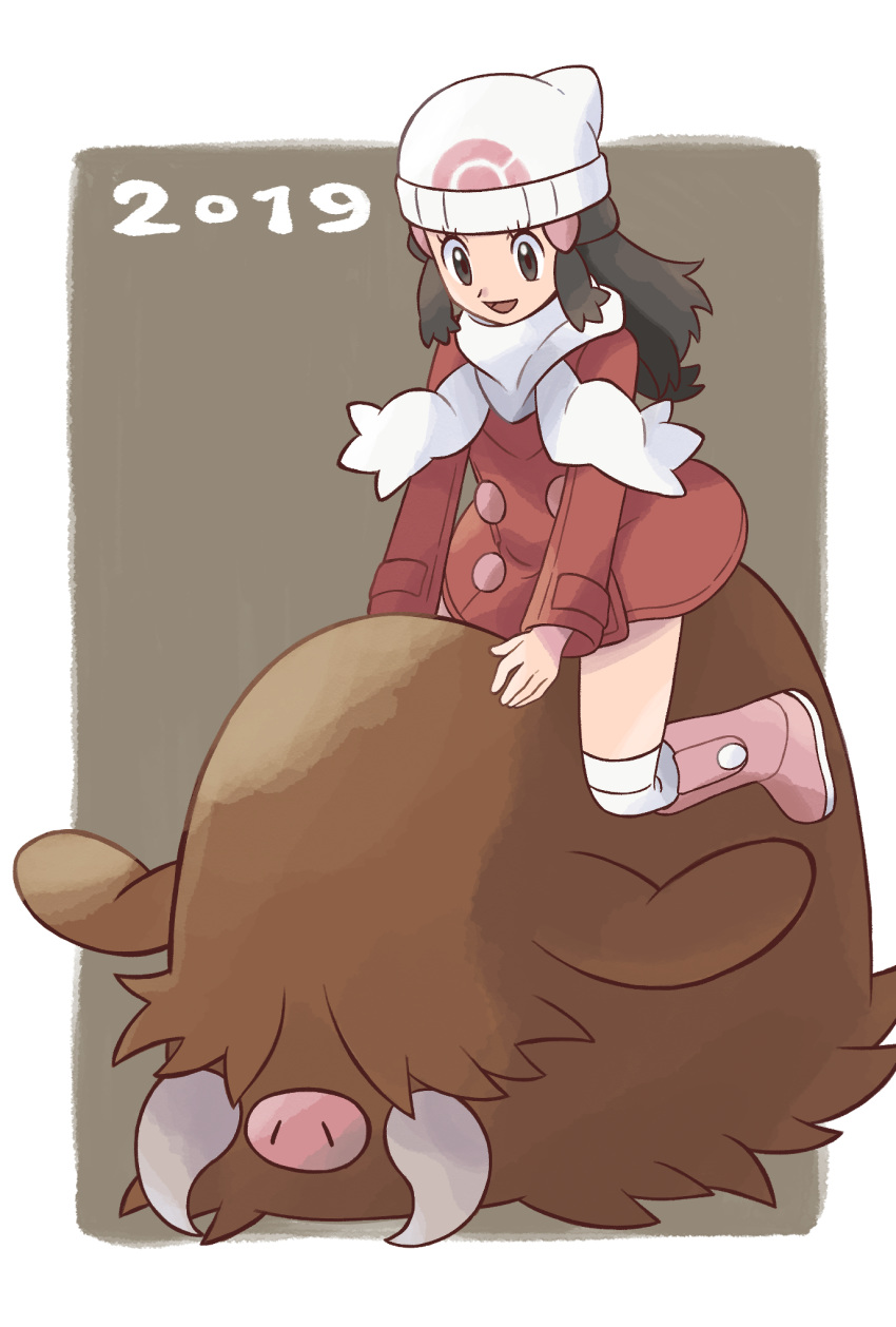 1girl beanie boots buttons coat commentary_request dated dawn_(pokemon) eyelashes gen_2_pokemon grey_eyes grey_hair hair_ornament hairclip hat highres long_hair long_sleeves looking_down open_mouth over-kneehighs piloswine pink_footwear pokemon pokemon_(creature) pokemon_(game) pokemon_dppt pokemon_platinum red_coat riding_pokemon sawa_(soranosawa) scarf sidelocks smile thighhighs tongue white_headwear white_legwear white_scarf
