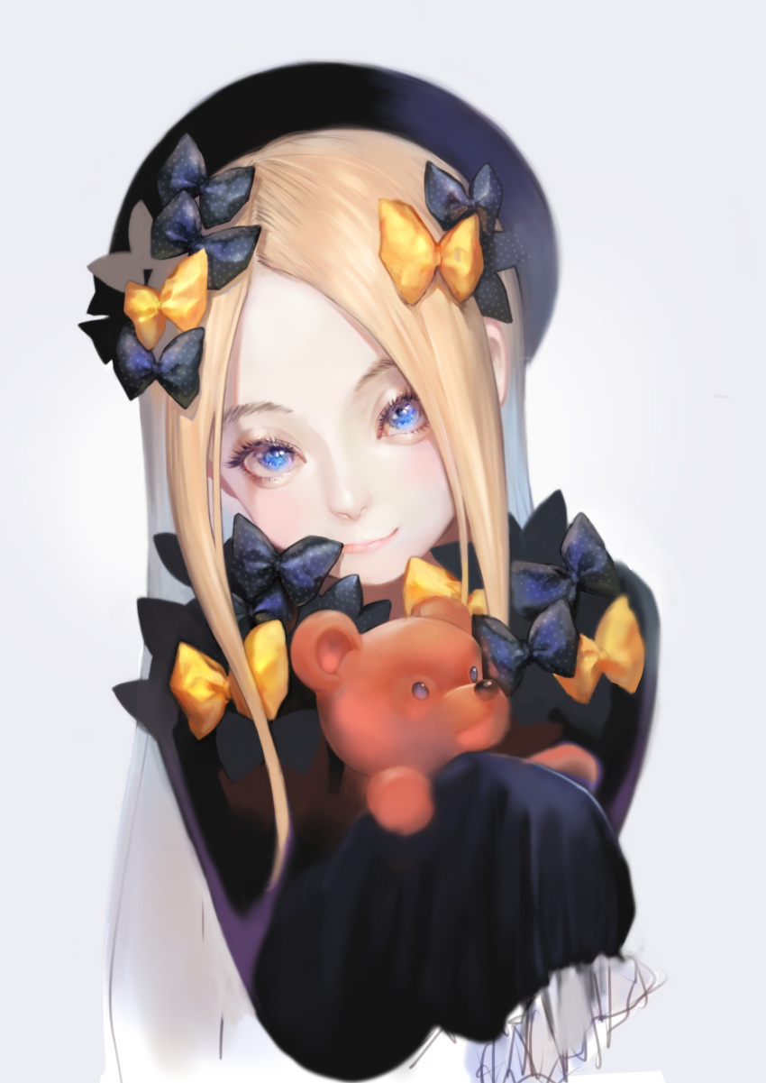 1girl abigail_williams_(fate/grand_order) absurdres bangs black_bow black_dress black_headwear blonde_hair blue_eyes bow closed_mouth dress eyelashes fate/grand_order fate_(series) hair_bow hat head_tilt highres holding holding_stuffed_toy long_hair long_sleeves looking_at_viewer orange_bow parted_bangs polka_dot polka_dot_bow simple_background sleeves_past_fingers sleeves_past_wrists smile solo stuffed_animal stuffed_toy teddy_bear toma_(me666nm) white_background