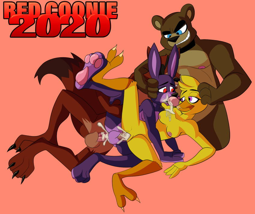 anal anal_penetration animatronic anthro avian balls bisexual bisexual_sandwich bonnie_(fnaf) canid canine chica_(fnaf) female female_penetrated five_nights_at_freddy's fox foxy_(fnaf) freddy_(fnaf) genitals group group_sex hi_res lagomorph leporid machine male male/female male/male male_penetrated male_penetrating male_penetrating_female male_penetrating_male mammal nude open_mouth penetration penis rabbit redcoonie robot sandwich_position sex smile ursid vaginal vaginal_penetration video_games