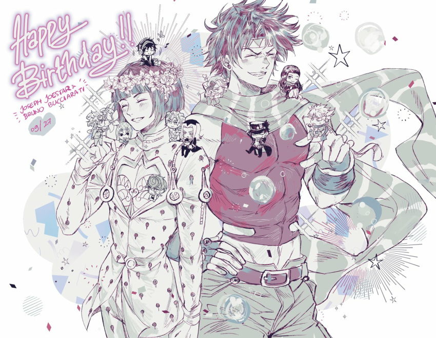 3girls 6+boys battle_tendency belt_buckle blush bob_cut bruno_buccellati buckle caesar_anthonio_zeppeli character_name cleavage_cutout closed_eyes clothing_cutout english_commentary fingerless_gloves flower giorno_giovanna gloves grin guido_mista hair_flower hair_ornament happy_birthday headband highres jojo_no_kimyou_na_bouken joseph_joestar_(young) kuujou_joutarou leone_abbacchio lisa_lisa male_focus messy_hair miniboy minigirl multiple_boys multiple_girls muscle narancia_ghirga open_mouth pannacotta_fugo pants sagta_panggang scarf short_hair smile stardust_crusaders suzi_q trish_una vento_aureo