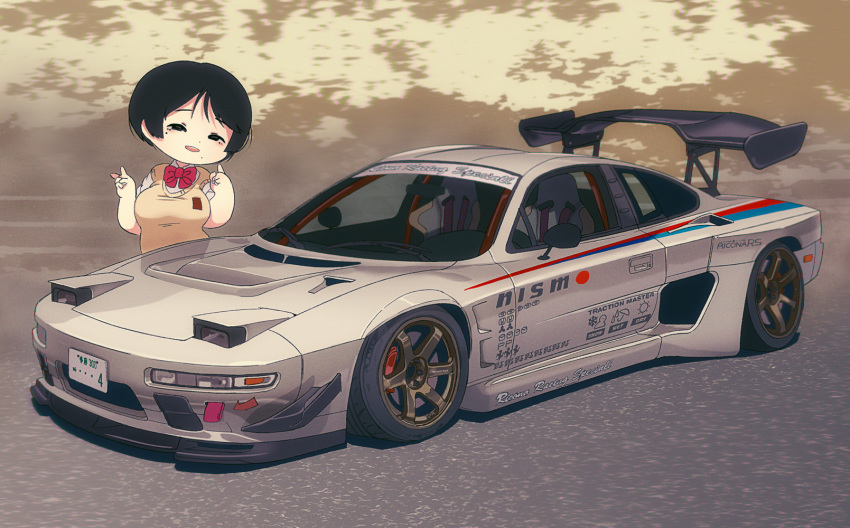 1girl black_eyes black_hair car chibi ground_vehicle highres mole mole_under_eye mole_under_mouth motor_vehicle original rikona school_uniform spoiler_(automobile) vehicle_focus