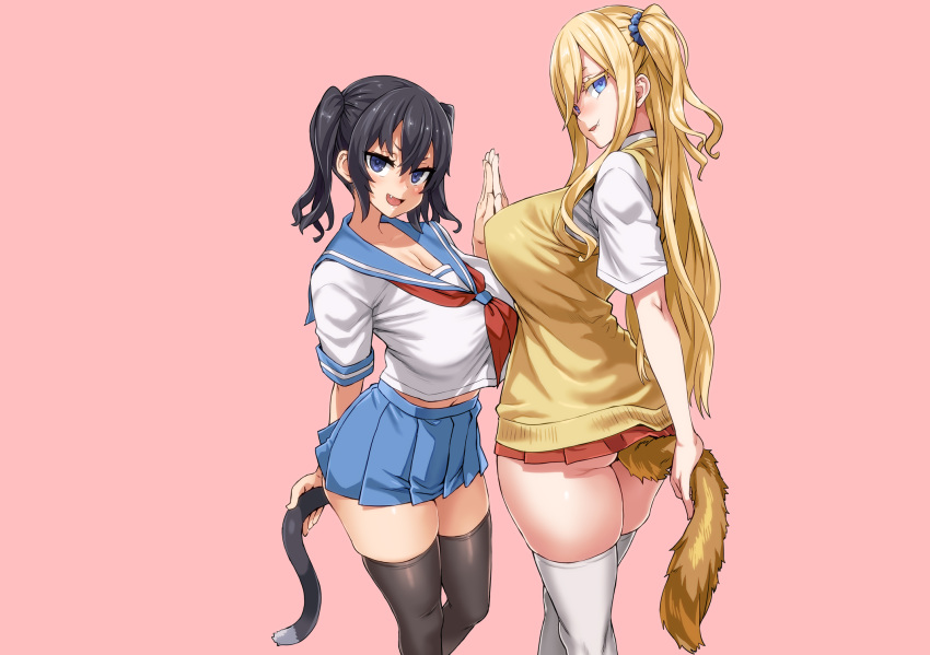 2girls anal aqua_eyes asanagi ass black_hair blonde_hair blue_eyes blush breasts cleavage fang original pink ponytail school_uniform short_hair skirt tail thighhighs twintails zettai_ryouiki