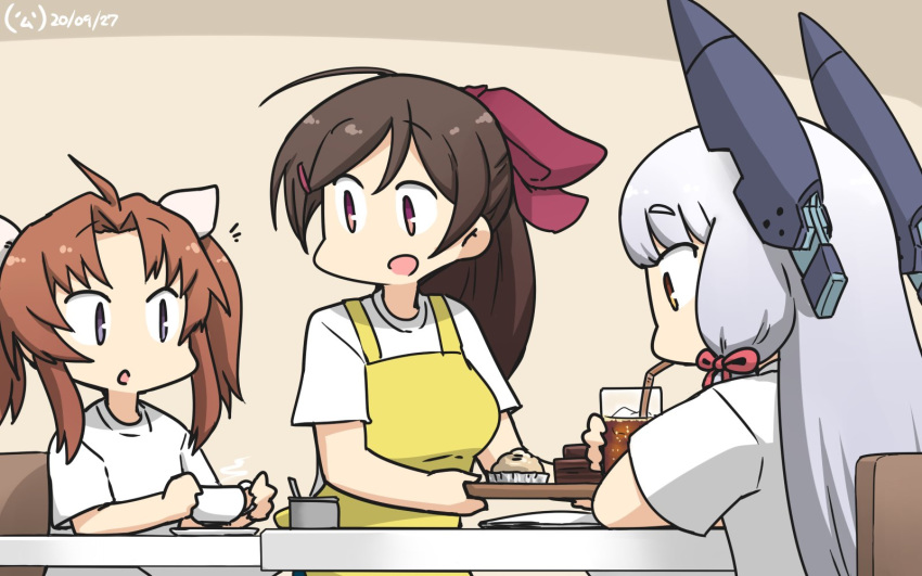 3girls ahoge alternate_costume apron brown_hair commentary_request cup dated drink drinking_straw eyebrows_visible_through_hair food hair_ornament hair_ribbon hairclip half_updo hamu_koutarou headgear highres kagerou_(kantai_collection) kantai_collection long_hair mamiya_(kantai_collection) multiple_girls murakumo_(kantai_collection) orange_eyes purple_eyes red_eyes remodel_(kantai_collection) ribbon shirt short_eyebrows sidelocks silver_hair sipping t-shirt table tress_ribbon twintails upper_body white_ribbon white_shirt yellow_apron