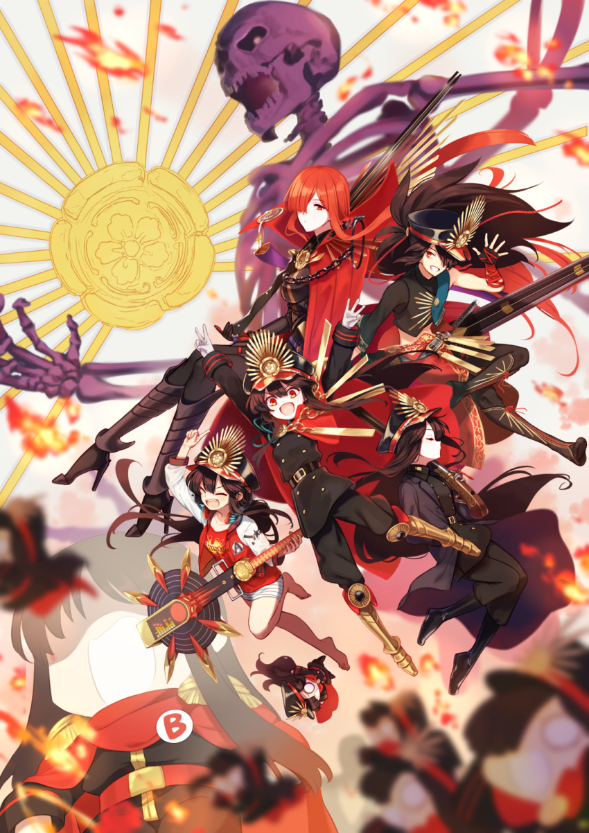 1boy 6+girls armored_boots asymmetrical_clothes bangs belt black_hair black_headwear black_jacket black_pants blush boots breasts buster_shirt buttons cape chain chibi closed_mouth crop_top family_crest fate/grand_order fate_(series) fire gloves guitar gun hat headphones headphones_around_neck high_heel_boots high_heels highres instrument jacket kodamari koha-ace large_breasts letterman_jacket long_hair long_sleeves looking_at_viewer medallion multiple_girls multiple_persona oda_kippoushi_(fate) oda_nobunaga_(fate) oda_nobunaga_(fate)_(all) oda_nobunaga_(maou_avenger)_(fate) oda_nobunaga_(swimsuit_berserker)_(fate) oda_uri open_mouth oversized_object pants peaked_cap ponytail popped_collar red_cape red_eyes red_skirt single_sleeve skeleton skirt small_breasts smile weapon white_gloves white_skirt