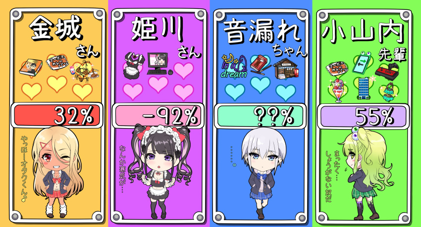 ... 4girls ?? absurdres akanbe alternate_costume apartment apron arcade_stick bikini black_hair blazer blonde_hair blue_bow blue_neckwear blue_skirt blush_stickers bow bowtie box bread_bun breasts brown_eyes building cat cellphone chibi cleavage closed_eyes collared_shirt colored_inner_hair commentary_request computer controller drill_locks earbuds earphones earrings eighth_note english_text enmaided eyeball_hair_ornament eyebrows_visible_through_hair eyes_visible_through_hair flying_sweatdrops food frilled_apron frills from_behind game_controller green_eyes green_hair green_neckwear green_skirt gyaru hair_bow hair_ornament hairclip hands_on_hips heart highres himekawa_(shashaki) hood hood_down ice_cream jacket jewelry joystick keyboard_(computer) kinjyou_(shashaki) kirby_(series) kirby_super_star kogal loafers long_hair long_sleeves looking_at_viewer looking_back loose_bowtie loose_neckwear loose_socks maid maid_apron maid_bikini maid_dress maid_headdress manga_(object) midriff mole mole_on_breast mole_under_eye monitor moon multicolored multicolored_clothes multicolored_hair multicolored_legwear multiple_girls musical_note navel neon_lights one_eye_closed one_side_up open_mouth original osanai_(shashaki) otomore_(shashaki) parody phone pocky puffy_short_sleeves puffy_sleeves purple_eyes purple_hair red_bow red_neckwear red_skirt scrunchie shaded_face sharp_teeth shashaki shirt shoes short_hair short_sleeves sidelocks silver_hair skirt smartphone smile socks sparkle spoken_ellipsis spoken_musical_note star_(symbol) storefront sun sundae sweatdrop swimsuit tan teeth thighhighs tongue tongue_out translation_request twintails two-tone_hair waist_apron white_apron wide-eyed wrist_cuffs