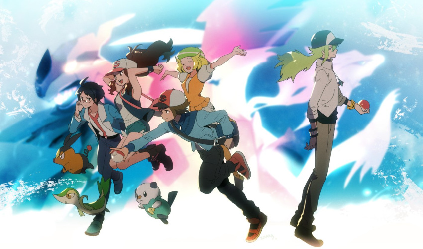 2girls 3boys bag baseball_cap bianca_(pokemon) black_vest blonde_hair blue_jacket brown_hair cheren_(pokemon) closed_mouth commentary_request floating_hair gen_5_pokemon glasses green_headwear hat hilbert_(pokemon) hilda_(pokemon) holding holding_poke_ball jacket leaning_forward long_hair multiple_boys multiple_girls n_(pokemon) omaruru00 oshawott outstretched_arms pants poke_ball poke_ball_(basic) pokemon pokemon_(creature) pokemon_(game) pokemon_bw shirt shoes shoulder_bag sleeveless sleeveless_shirt smile snivy tepig vest white_shirt