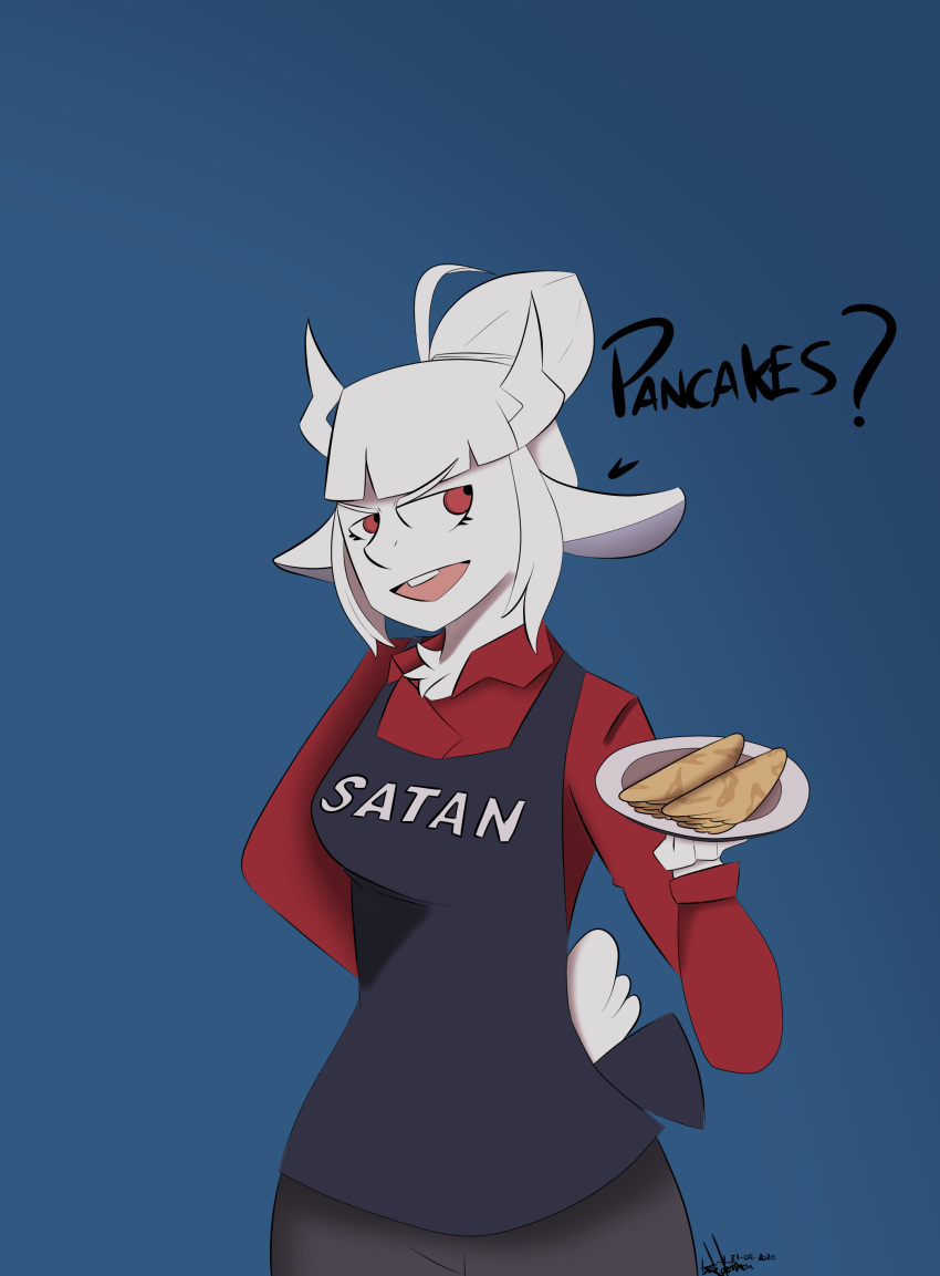 absurd_res anthro apron boederman bovid caprine clothing female food goat goat_lucifer_(helltaker) helltaker hi_res horn lucifer_(helltaker) mammal pancake simple_background smile text text_on_apron text_on_clothing uniform