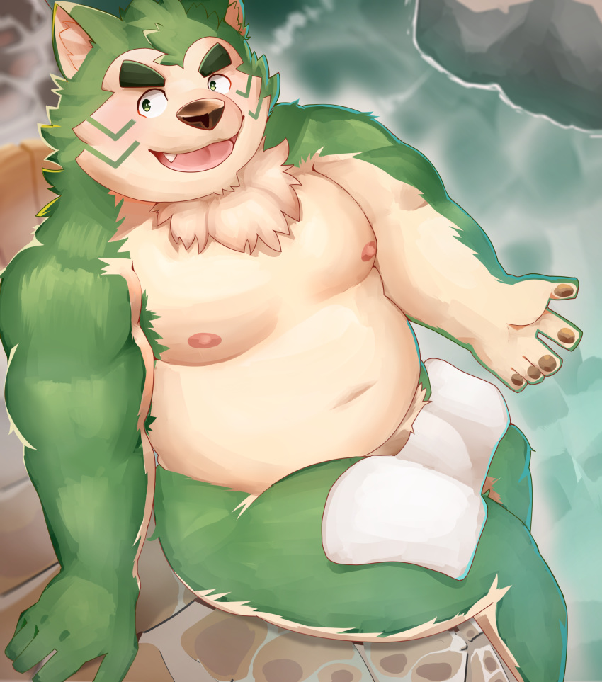 2020 absurd_res anthro belly canid canine canis cute_fangs domestic_dog fur green_body green_fur hi_res kemono live-a-hero male mammal marusuke mokdai moobs nipples overweight overweight_anthro overweight_male sitting solo towel video_games water