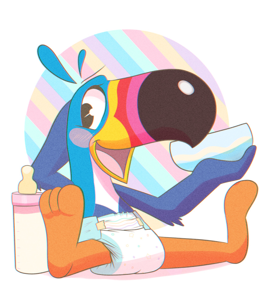 anthro avian bird blue_body blue_feathers blush bottle bowl cereal diaper feathers food froot_loops happy hi_res kellogg's looking_at_viewer male mascot milk ozzybear sitting smile solo toony toucan toucan_sam