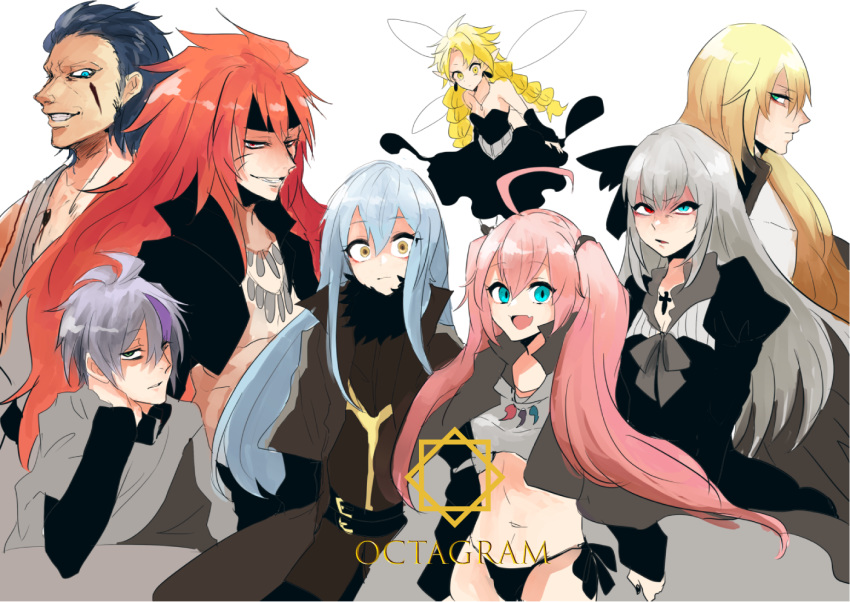 1other 3girls 4boys androgynous bangs belt blonde_hair blue_eyes blue_hair braid collarbone dagruel dino_(tensei_shitara_slime_datta_ken) dress eyebrows_visible_through_hair facial_mark fairy fairy_wings fur fur_collar fur_trim grey_eyes grey_hair guy_crimson hair_between_eyes headband heterochromia jacket jewelry leon_cromwell long_hair looking_at_viewer midriff milim_nava multiple_boys multiple_girls necklace panties pink_hair pointy_ears ramirisu red_eyes red_hair rimuru_tempest ruminas_valentine sakusan_yousoeki short_hair simple_background tensei_shitara_slime_datta_ken twintails underwear white_background wide-eyed wings yellow_eyes