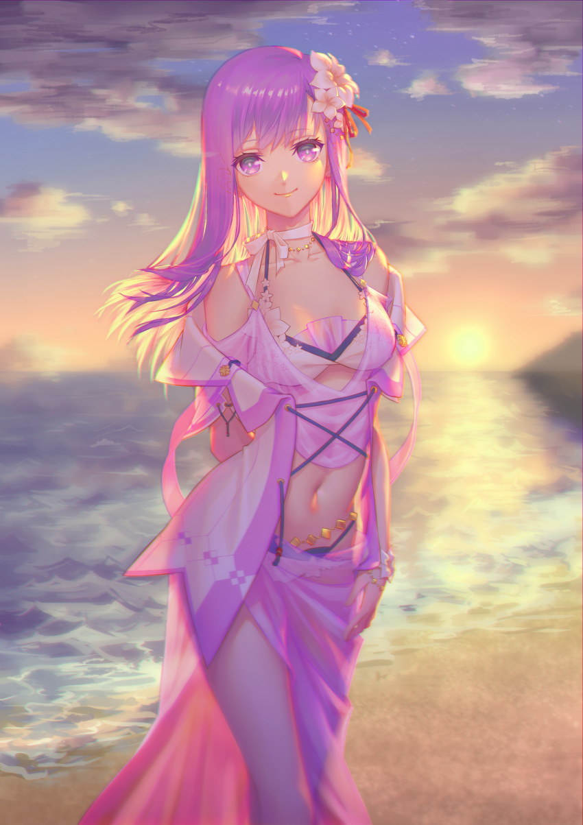 1girl beach cloud cloudy_sky collarbone commentary_request cyd_chen eyebrows_visible_through_hair fate/stay_night fate_(series) flower hair_flower hair_ornament hand_on_thigh heaven's_feel highres long_hair looking_at_viewer matou_sakura navel ocean purple_eyes purple_hair sky smile solo sun sunset swimsuit