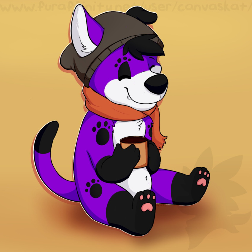 anthro canid canine canis canvaskat clothing cup domestic_dog elkhound eyes_closed footprint fur hat headgear headwear hi_res male mammal pawalo pawpads pawprint pawprint_marking paws purple_body purple_fur scarf smile solo spitz