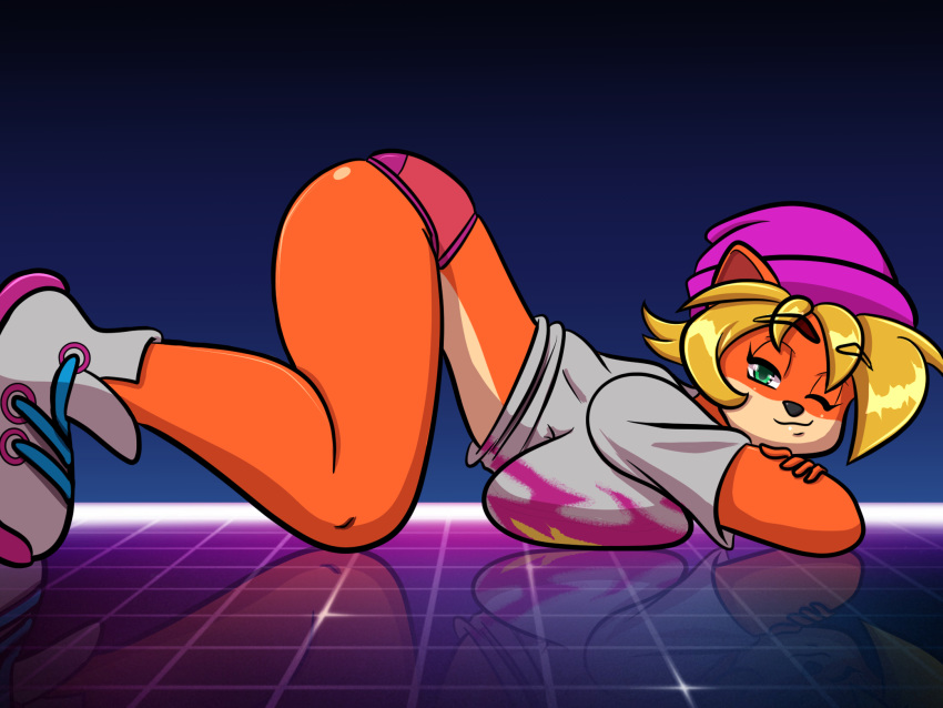 activision anthro ass_up bandicoot big_breasts blonde_hair bottomless breasts clothed clothing coco_bandicoot crash_bandicoot_(series) crossed_arms female green_eyes hair hi_res looking_at_viewer mammal marsupial one_eye_closed panties ryujisama shirt solo synthwave t-shirt topwear underwear video_games wink