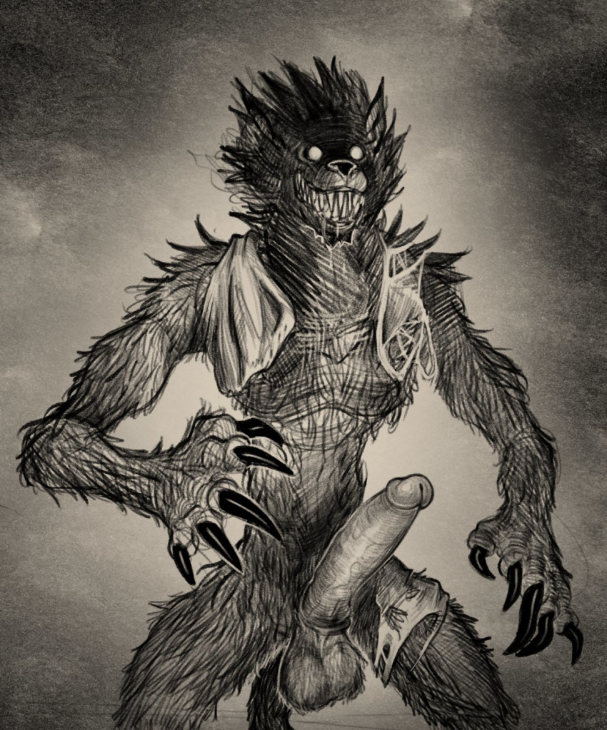 2020 anthro balls baring_teeth beast_(bloodborne) better_version_at_source big_penis bloodborne bodily_fluids canid canine claws clothing daftpatriot empty_eyes erection fangs fromsoftware genitals hi_res humanoid_genitalia humanoid_penis male mammal monochrome penis saliva sharp_teeth solo sony_corporation sony_interactive_entertainment standing teeth torn_clothing video_games were werecanid werecanine werewolf