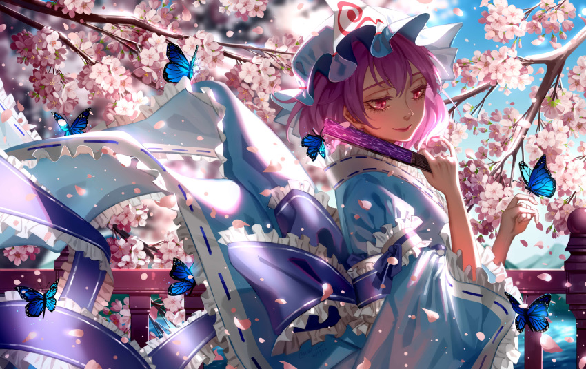 1girl absurdres arm_garter arm_ribbon arm_strap bangs blue_bow blue_butterfly blue_headwear blue_kimono blue_ribbon blue_sash blue_sky blurry blurry_background blush bow bridge bug butterfly butterfly_on_finger butterfly_on_hand cherry_blossoms cloud commentary day eyelashes falling_petals fan flower folding_fan frilled_kimono frilled_sash frilled_sleeves frills glowing glowing_butterfly half-closed_eyes hands_up hat highres holding holding_fan insect japanese_clothes kimono light_particles lips long_sleeves mob_cap mountainous_horizon obi outdoors petals pink_eyes pink_flower pink_hair puffy_sleeves railing ribbon ribbon-trimmed_sleeves ribbon_trim saigyouji_yuyuko sash short_hair sidelocks signature sky smile solo touhou tree tree_branch triangular_headpiece twitter_username water wavy_hair wide_sleeves ze_xia