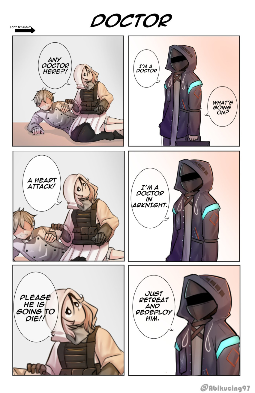 1boy 2others 6koma abineko arknights briefcase doctor_(arknights) english_text heart_attack highres hood hooded_jacket injury jacket mask mephisto_(arknights) multiple_others reunion_soldier_(arknights) speech_bubble twitter_username white_hair