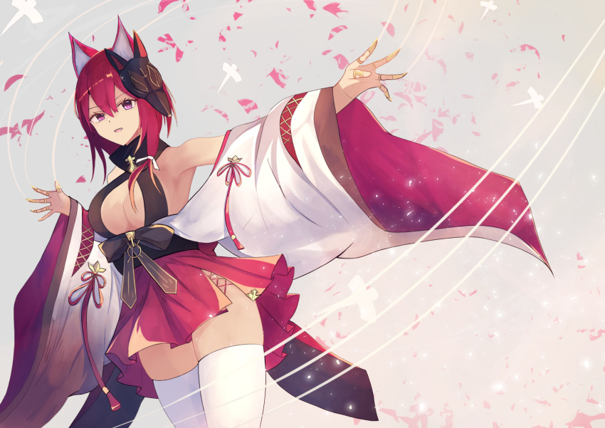 1girl animal_ears azur_lane bare_shoulders breasts center_opening chiyoda_(azur_lane) claw_ring fox_mask hair_between_eyes hane_(feathe02) highres hut looking_at_viewer mask mask_on_head medium_breasts purple_eyes red_hair red_skirt skindentation skirt solo thighhighs white_legwear wide_sleeves zettai_ryouiki