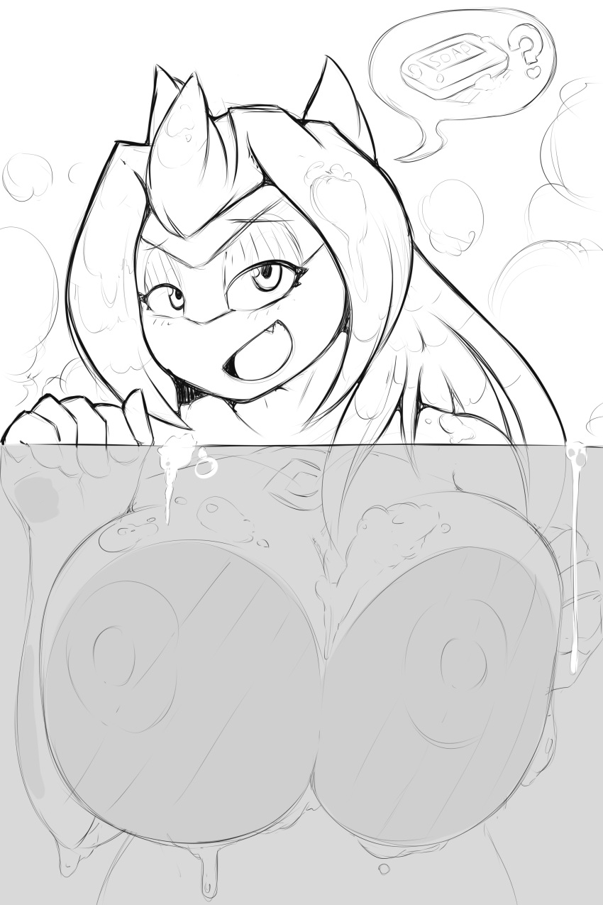 absurd_res anthro areola breast_squish breasts breasts_against_glass dripping_water dripping_wet fangs female glass hair hi_res latias legendary_pok&eacute;mon lewdtias line_art long_hair looking_at_viewer nintendo nipples on_glass open_mouth pok&eacute;mon pok&eacute;mon_(species) quin-nsfw smile smiling_at_viewer soap solo speech_bubble squish steam suds video_games wet