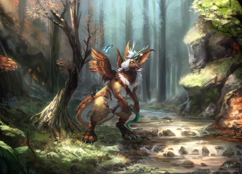 2019 arthropod brown_body brown_feathers brown_fur butterfly claws creek day detailed_background duo feathers forest fur grass hi_res insect lepidopteran light lighting outside rhythmpopfox signature text toe_claws tree url water white_body white_fur wings