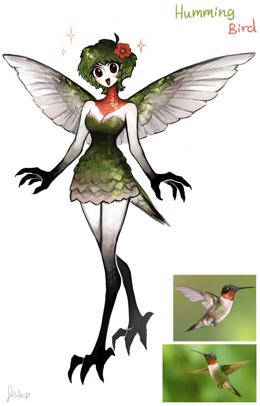 1girl absurdres ahoge artist_name bare_shoulders bird bird_girl bird_tail black_footwear blush boots breasts character_name claws cleavage commentary dress english_commentary feathered_wings feathers flower full_body gloves gradient_skin green_dress green_hair hair_flower hair_ornament hibiscus highres looking_at_viewer matilda_fiship medium_breasts monster_girl open_mouth original personification photo-referenced red_eyes reference_photo short_dress short_hair signature simple_background smile solo sparkle sparkling_eyes tachi-e talons white_background white_skin wings