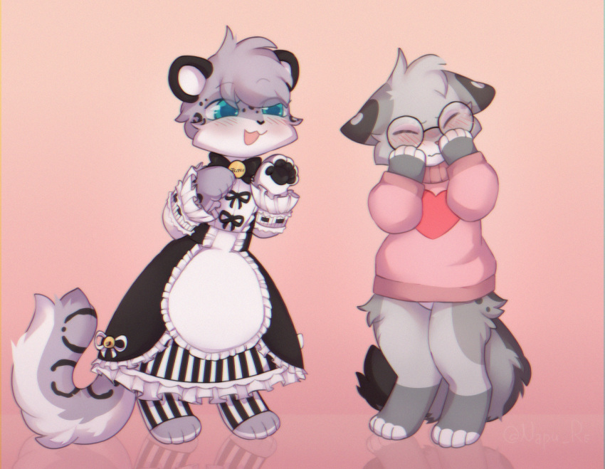 &lt;3 anthro blush bottomless_male bow_tie chibi clothing collar_tag cute_expression domestic_cat duo egyptian_mau eyewear felid feline felis female fluffy fluffy_tail folded_ears frilly frilly_clothing glasses grey_body hiding_face maid_uniform male male/female mammal nixuelle pantherine pawpads pervenche pink_clothing pink_sweater pink_topwear shy snow_leopard spots_(marking) sweater terrev topwear turtleneck uniform wave