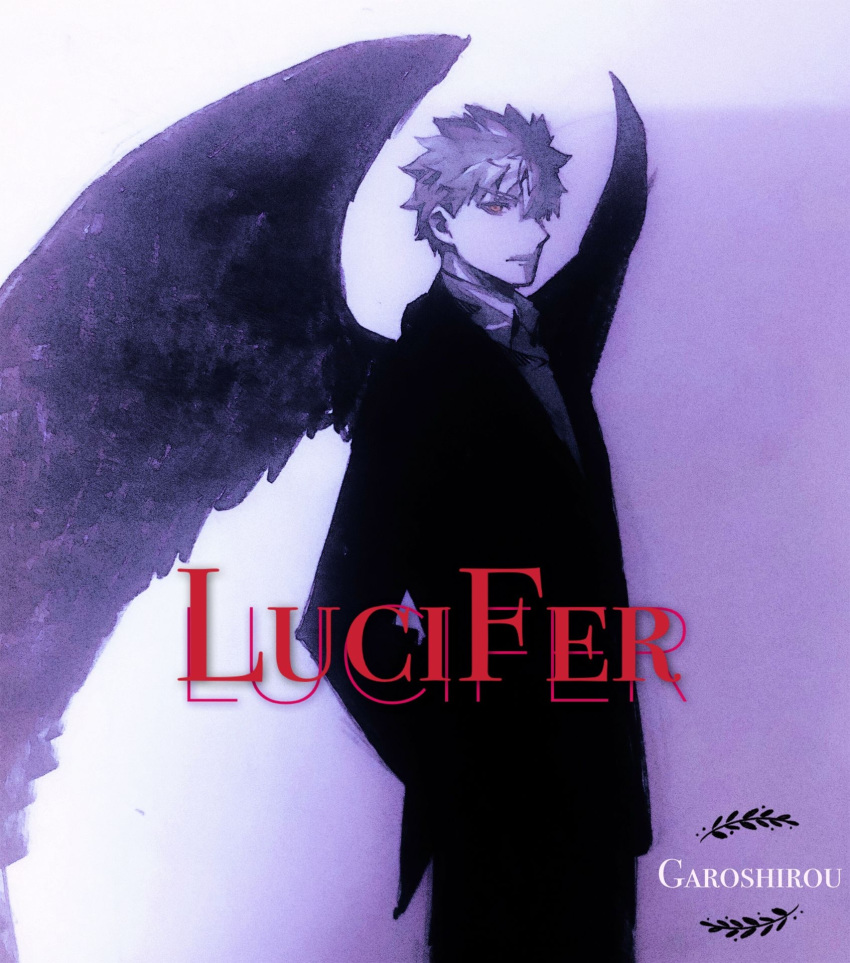 1boy angel_wings black_pants black_suit black_wings business_suit cosplay dc_comics emiya_shirou fate/stay_night fate_(series) formal frown garoshirou glowing hand_in_pocket highres large_wings lucifer_(series) lucifer_morningstar lucifer_morningstar_(cosplay) orange_hair pants shadow suit title tuxedo wings yellow_eyes