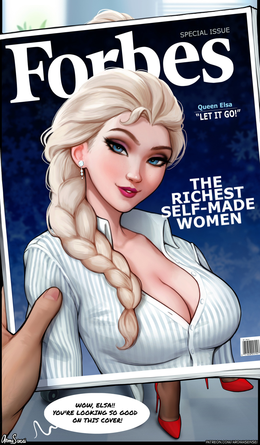 absurdres aroma_sensei artist_name blonde_hair blue_eyes breasts cover dialogue_box disney elsa_(frozen) frozen_(disney) high_heels highres large_breasts magazine magazine_cover red_footwear shirt signature striped striped_shirt white_skin