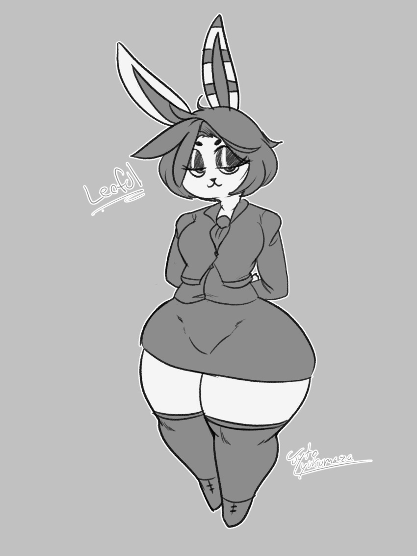 animal_humanoid anthro big_butt bottomwear breasts butt clothing female hair hi_res humanoid jyto lagomorph lagomorph_humanoid legwear leporid leporid_humanoid mammal mammal_humanoid monochrome nora_(leofel_barraund) rabbit rabbit_humanoid short_hair short_stack simple_background sketch skindentation skirt small_breasts smug smug_face solo stockings thick_thighs wide_hips