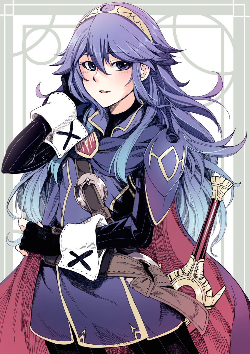 1girl armor blue_eyes blue_hair blush cape falchion_(fire_emblem) fingerless_gloves fire_emblem fire_emblem_awakening gloves highres long_hair looking_at_viewer lucina_(fire_emblem) nakabayashi_zun red_cape smile solo sword tiara weapon