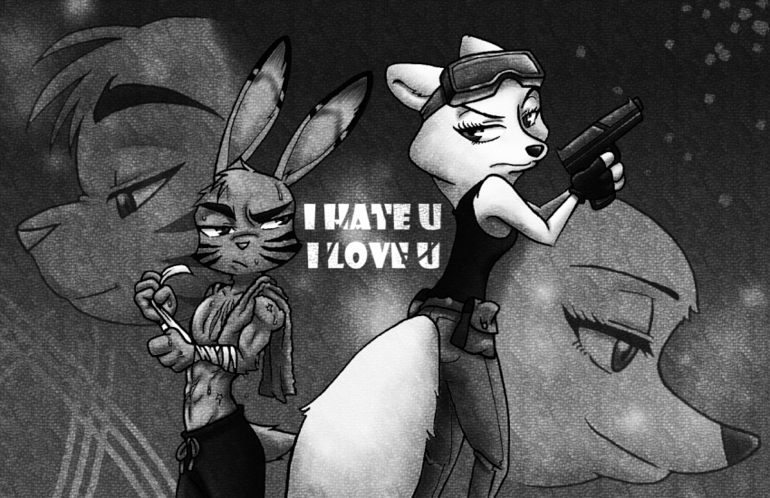 abs biceps canine clothed clothing cynthia_walker duo english_text female fox greyscale gun handgun jack_savage lagomorph male mammal monochrome muscular muscular_male peanut.k pistol rabbit ranged_weapon scar shirt sweat tank_top text topless towel weapon