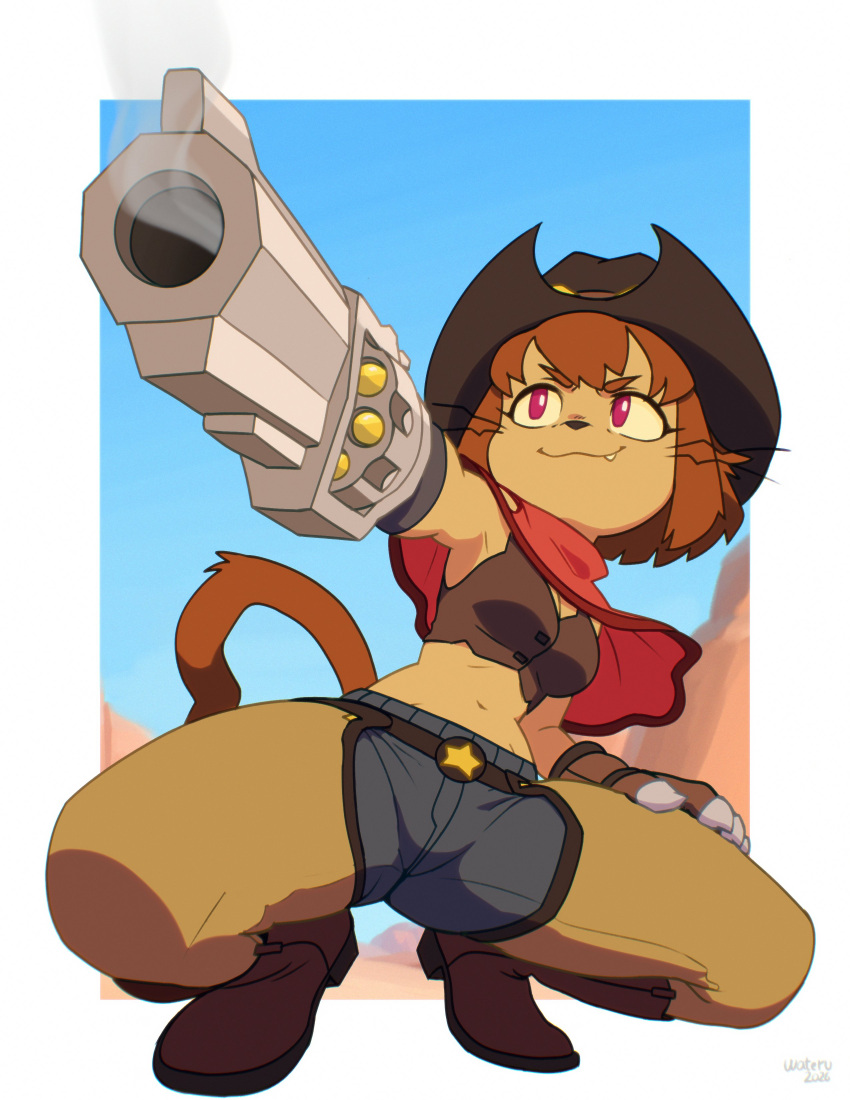 absurd_res anthro bullet claws clothing cowboy_hat cowboy_outfit crouching domestic_cat felid feline felis female gameoverse glitch_productions gun gun_arm handgun hat headgear headwear hi_res kit_(gameoverse) mammal navel ranged_weapon revolver solo uwuwateru weapon weapon_arm