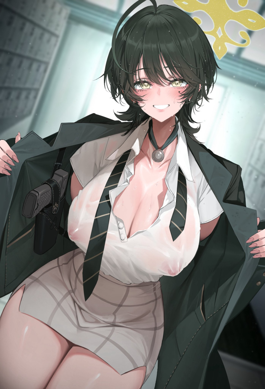 1girl black_hair black_jacket black_necktie blue_archive blush breasts cleavage collared_shirt colored_nipples commentary_request covered_nipples dishwasher1910 fuyu_(blue_archive) grey_skirt gun halo handgun highres jacket large_breasts looking_at_viewer miniskirt mole mole_under_eye necktie open_clothes open_jacket see-through_clothes see-through_shirt shirt shirt_tucked_in short_hair skirt smile twitter_username weapon white_shirt yellow_eyes yellow_halo