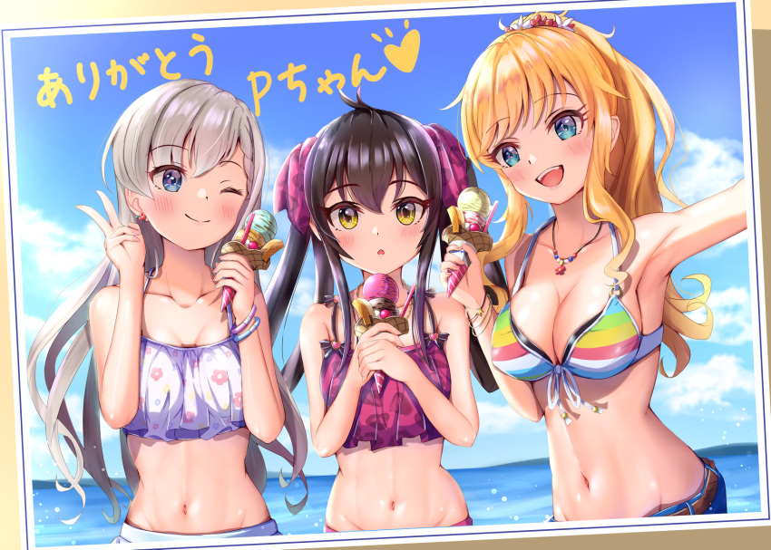 3girls :o ;) armpits bangs bikini blonde_hair blue_eyes blush breasts character_request cleavage collarbone commentary_request day earrings eyebrows_visible_through_hair fangs food groin hair_ornament hand_up highres hisakawa_hayate holding ice_cream ice_cream_cone idolmaster idolmaster_cinderella_girls idolmaster_cinderella_girls_starlight_stage jewelry long_hair looking_at_another looking_at_viewer matoba_risa medium_breasts multiple_girls navel necklace ocean one_eye_closed ootsuki_yui open_mouth outdoors photo_(object) ponytail reaching_out shorts silver_hair small_breasts smile stomach summer swimsuit translation_request tudon_(donut) upper_body v yellow_eyes