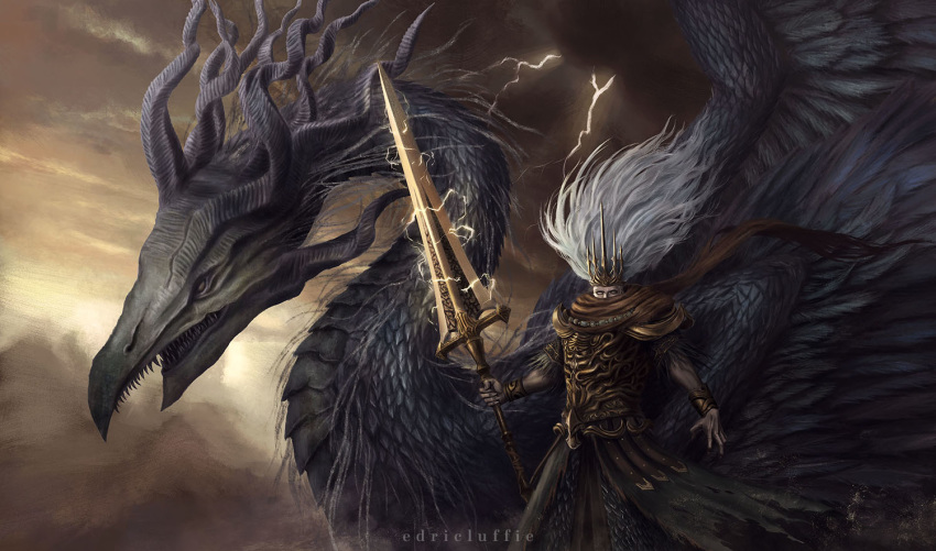 1boy artist_name blank_eyes breastplate brown_scarf cloud cloudy_sky commentary cowboy_shot crown dark_souls_iii dragon dragon_horns electricity feathers floating_hair holding holding_spear holding_weapon horns long_hair looking_at_viewer luffie male_focus multiple_horns nameless_king open_hand outdoors polearm robe scale_armor scales scarf short_sleeves sky solo souls_(from_software) spear standing teeth weapon western_dragon white_hair wings