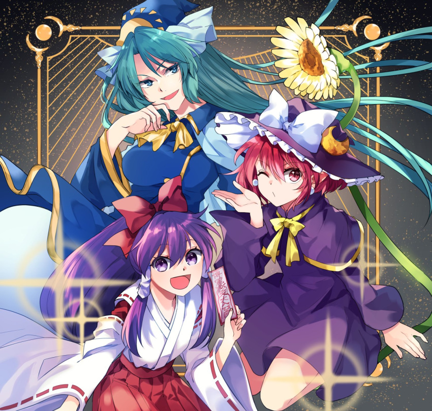 3girls bangs blue_shirt blue_skirt bow bowtie buttons capelet crescent crescent_moon crescent_moon_pin dress flower frilled_dress frills ghost_tail green_eyes green_hair hair_bow hair_tubes hakama hakurei_reimu hakurei_reimu_(pc-98) hat hat_bow hat_ribbon highres japanese_clothes katayama_kei kimono kirisame_marisa kirisame_marisa_(pc-98) long_hair long_sleeves low-tied_long_hair miko mima moon multiple_girls o3o ofuda one_eye_closed open_mouth pc-98 purple_capelet purple_dress purple_eyes purple_hair purple_headwear red_bow red_eyes red_hair red_hakama ribbon ribbon-trimmed_clothes ribbon_trim shirt short_hair skirt skirt_set sparkle star_(sky) sun_print sunflower touhou touhou_(pc-98) white_bow white_ribbon wide_sleeves witch_hat wizard_hat yellow_bow yellow_neckwear