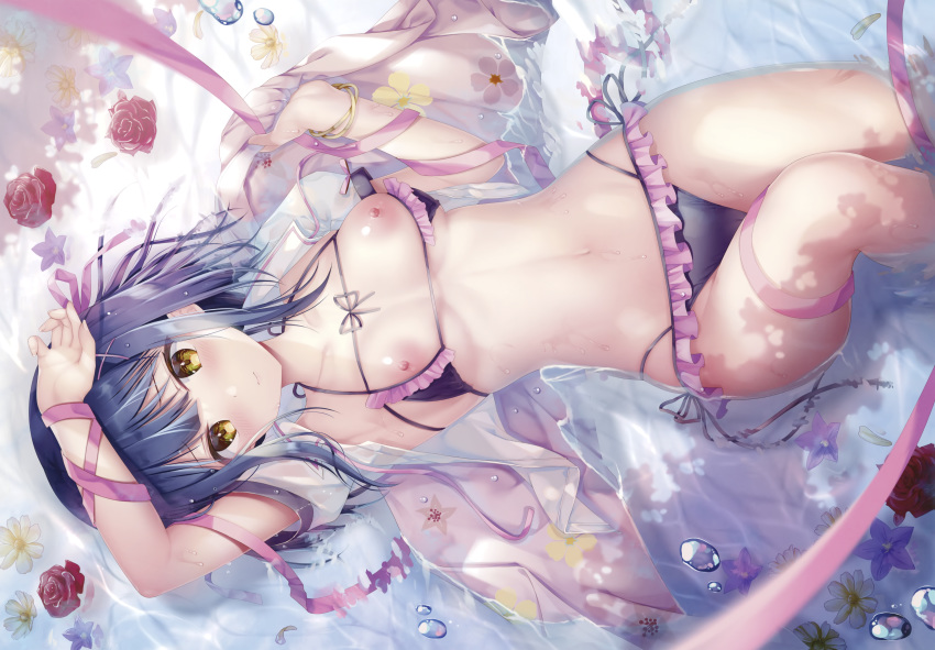 bikini breasts cropped flowers nipples original scan short_hair sousouman swimsuit water yellow_eyes