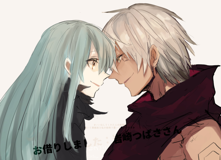 1boy 1other androgynous bangs blue_hair eyebrows_visible_through_hair fur fur_collar fur_scarf hair_between_eyes long_hair looking_at_another open_mouth rimuru_tempest sakusan_yousoeki scarf simple_background smile tensei_shitara_slime_datta_ken veldora_(tensei_shitara_slime_datta_ken) white_background white_hair yellow_eyes