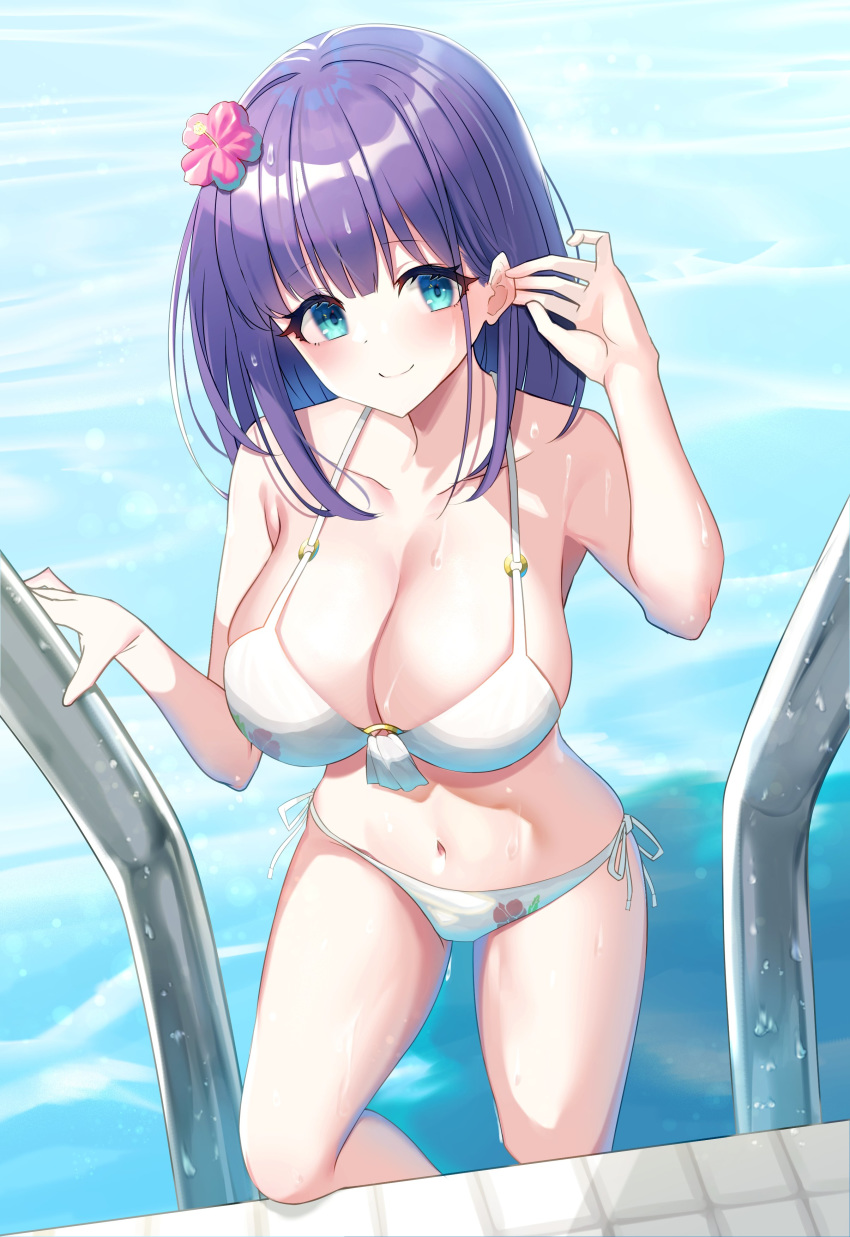 1girl absurdres amrita_(amber78gou) bangs bare_shoulders bikini blue_eyes blush breasts cleavage closed_mouth collarbone flower hair_flower hair_ornament highres large_breasts looking_at_viewer medium_hair misora_(princess_connect!) navel pool pool_ladder poolside princess_connect! princess_connect!_re:dive purple_hair smile swimsuit thighs wading water wet white_bikini