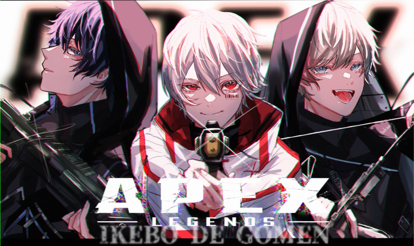 3boys aiming_at_viewer apex_legends b3_wingman bangs barcode blue_eyes blue_hair bobsappaim bow_(weapon) facial_tattoo fang gradient_hair gun hair_between_eyes handgun highres holding holding_bow_(weapon) holding_gun holding_weapon hood hood_up jacket m1904_mastiff mafumafu male_focus multicolored_hair multiple_boys niconico open_mouth original parted_lips pink_hair red_eyes revolver shotgun silver_hair sirorui. smile soraru tattoo utaite_(singer) weapon white_jacket