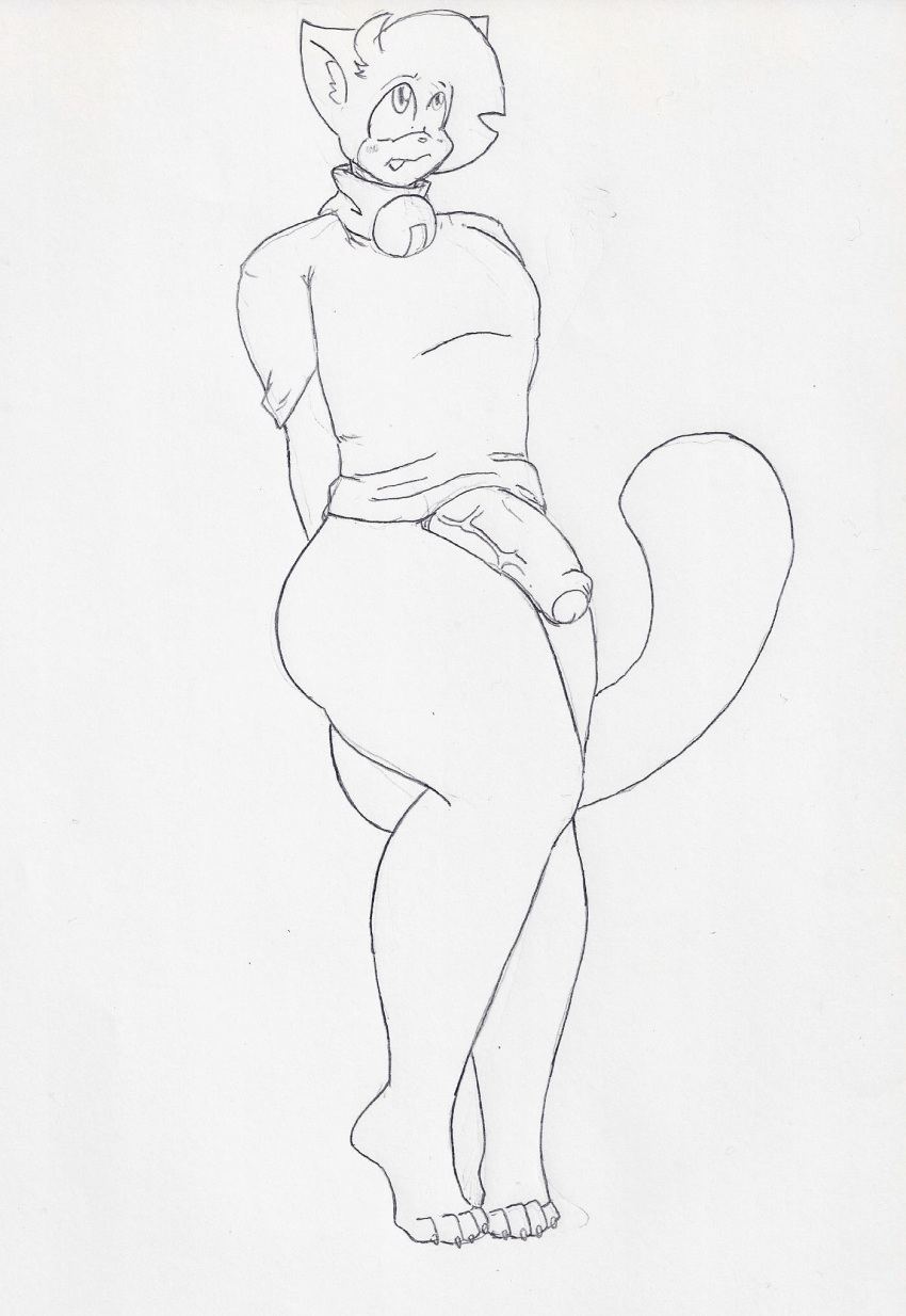 4_toes anthro bottomless claws clothed clothing curvy_figure curvy_hips domestic_cat fangs felid feline felis genitals girly hi_res krocialblack leo_(vg_cats) male mammal paws penis shirt solo thick_thighs toes topwear vg_cats webcomic