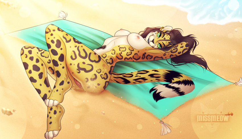 anthro beach black_hair breasts butt casual_nudity catherinemeow cheetah detailed_background ear_piercing ear_ring felid feline female fluffy fluffy_tail fur genitals green_eyes hair lying mammal multicolored_body multicolored_fur nipples nude open_mouth open_smile piercing pussy seaside smile solo tattoo teeth two_tone_body two_tone_fur white_body white_fur yellow_body yellow_fur