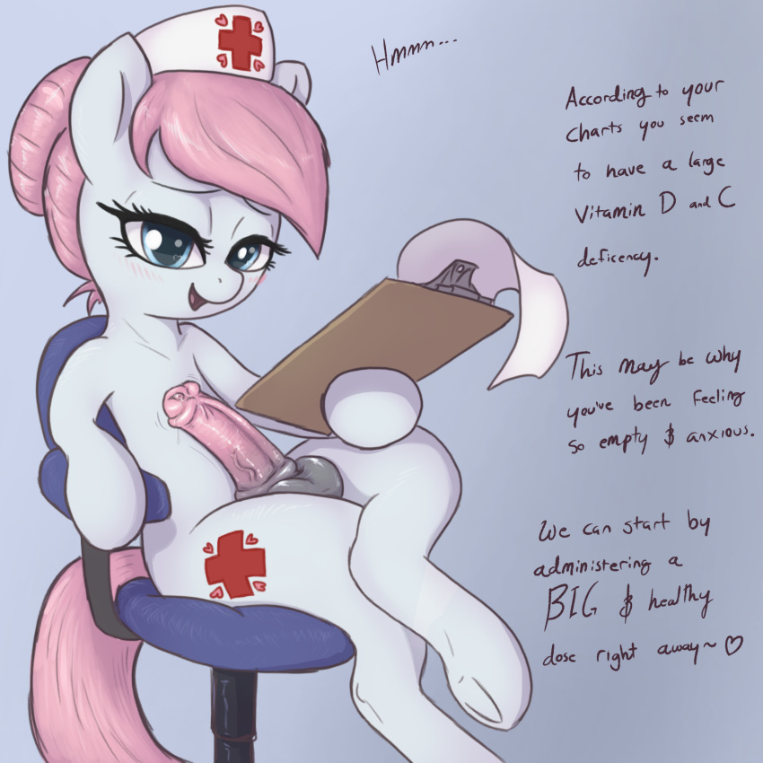 &lt;3 animal_genitalia animal_penis blush chair clipboard crossed_legs cutie_mark dialogue equid equine equine_penis friendship_is_magic furniture genitals gynomorph hair hasbro hi_res intersex mammal my_little_pony nurse_redheart_(mlp) penis pink_hair sitting t72b white_body