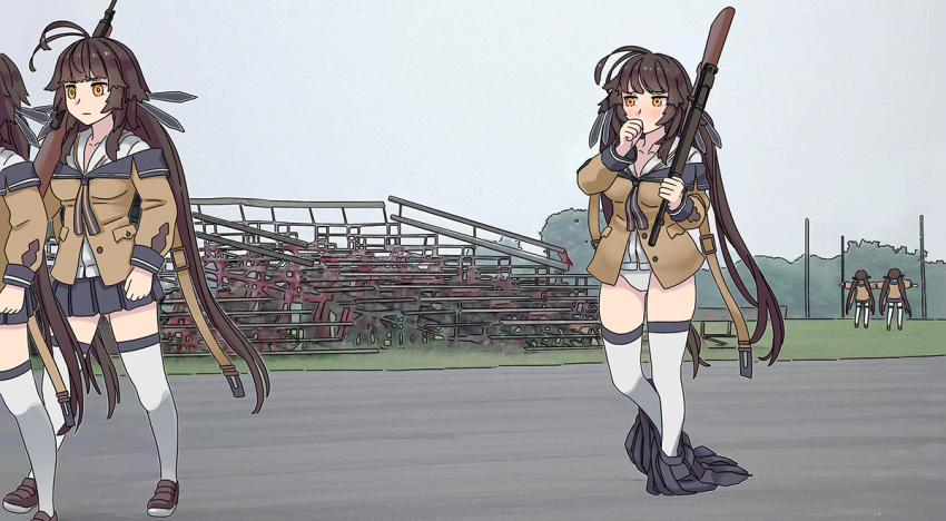 5girls antenna_hair battle_rifle blush breasts brown_hair clone derivative_work full_metal_jacket girls_frontline gun long_hair m14 m14_(girls_frontline) medium_breasts multiple_girls orange_eyes panties parody photo rifle scene_reference screencap_redraw skirt_around_ankles t-pose tab_(tabkun) thighhighs thumb_sucking underwear very_long_hair weapon