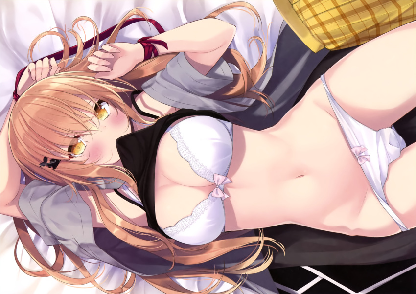 blush bra cropped long_hair navel orange_hair original panties ribbons sasahara_wakaba scan school_uniform shirt_lift underwear yellow_eyes