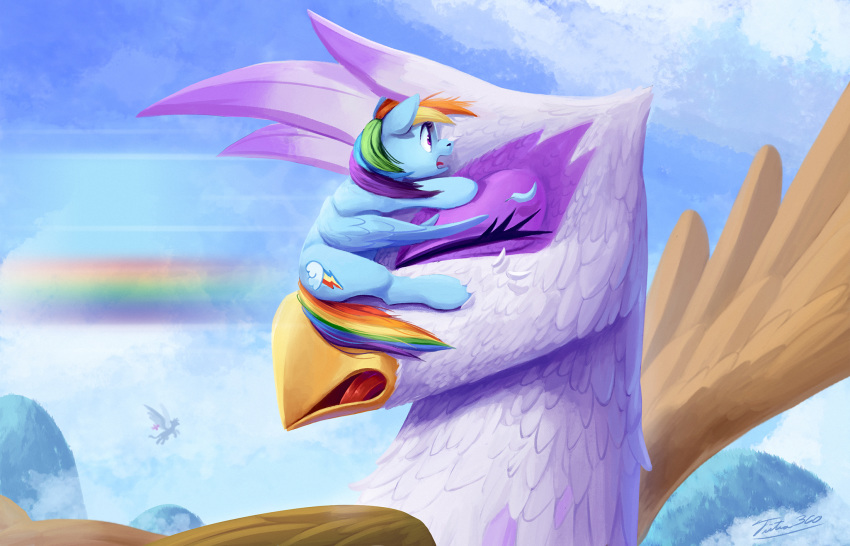 2020 avian blue_body blue_fur brown_body brown_fur crash cutie_mark duo equid equine eyes_closed female friendship_is_magic fur gilda_(mlp) gryphon hair hasbro hi_res mammal multicolored_hair my_little_pony mythological_avian mythology open_mouth pegasus rainbow_dash_(mlp) size_difference tsitra360 wings