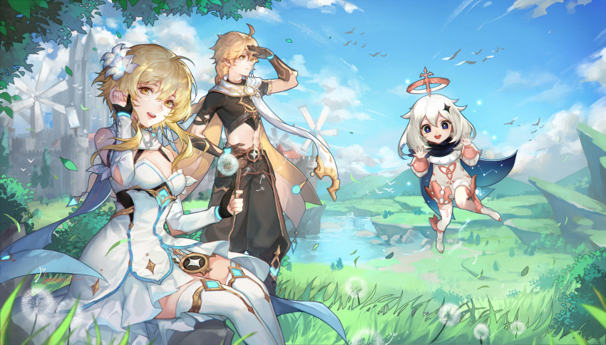 1boy 2girls :d ahoge architecture arm_guards bare_shoulders beach bird black_gloves blonde_hair blue_eyes blue_sky boots braid braided_ponytail bridal_gauntlets brother_and_sister building cathedral chinese_commentary closed_mouth cloud cloudy_sky constellation dandelion dandelion_seed day detached_sleeves dress fairy female_traveler_(genshin_impact) floating flower genshin_impact gloves hair_between_eyes hair_flaps hair_flower hair_ornament highres hill lake landscape leaf long_braid long_hair long_sleeves male_traveler_(genshin_impact) midriff mountain mountainous_horizon multiple_girls nature open_mouth outdoors paimon_(genshin_impact) sand scarf scenery short_hair_with_long_locks siblings sidelocks single_braid sitting sky sleeveless sleeveless_dress smile spade-m star_(symbol) star_hair_ornament thighhighs tower tree twins water white_dress white_flower white_hair wind windmill