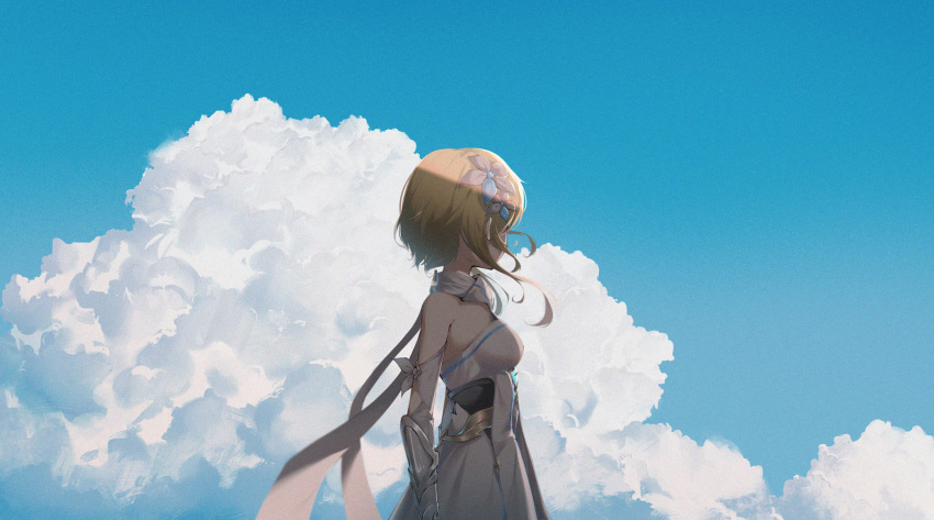 1girl arm_guards blonde_hair chinese_commentary cloud cloudy_sky detached_sleeves dress facing_away female_traveler_(genshin_impact) film_grain flower genshin_impact hair_flower hair_ornament highres short_hair_with_long_locks sidelocks sin. sky sleeveless sleeveless_dress solo vambraces white_dress white_sleeves