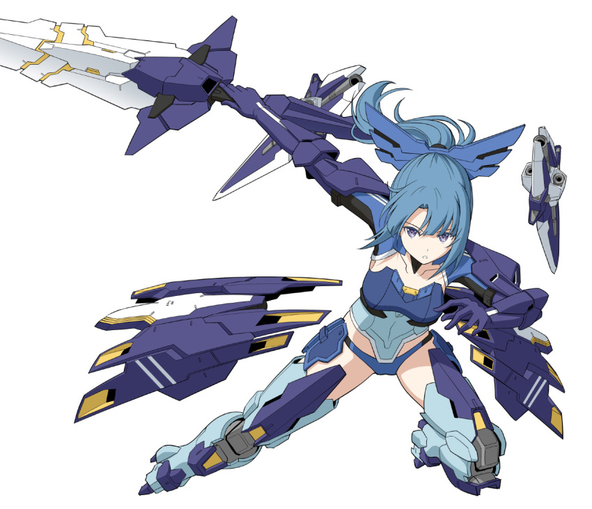 1girl alice_gear_aegis blue_hair elbow_gloves english_commentary gloves holding holding_sword holding_weapon mecha_musume parted_lips pinakes ponytail purple_eyes shorts simple_background solo sword takanashi_rei weapon